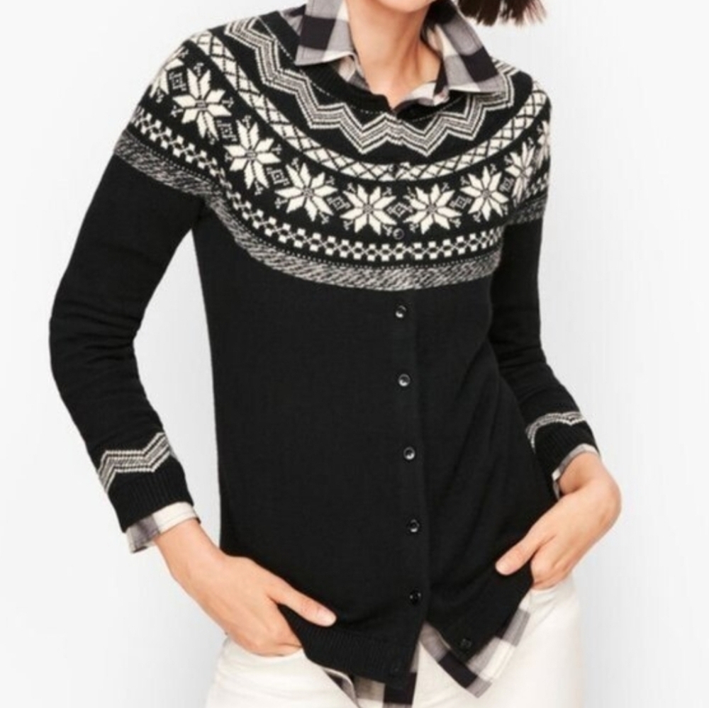 Talbots Fair Isle Cardigan Sweater Black Snowflake Button Front Size XS
